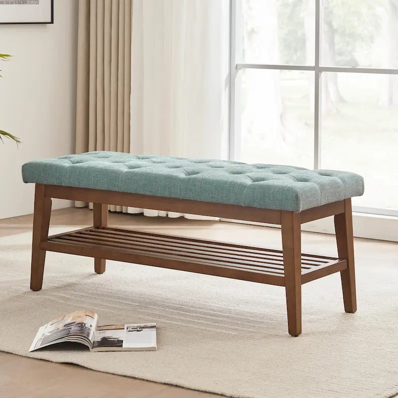Banc à chaussures d'entrée, Banc de rangement en tissu et bois massif, Banc rembourré de 109 cm pour salon, chambres