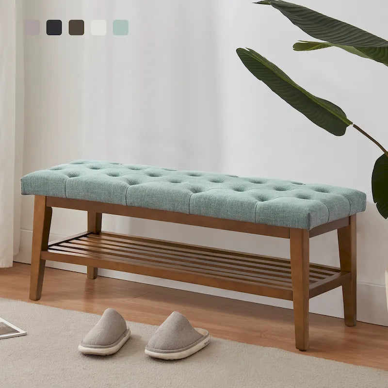 Banc à chaussures d'entrée, Banc de rangement en tissu et bois massif, Banc rembourré de 109 cm pour salon, chambres