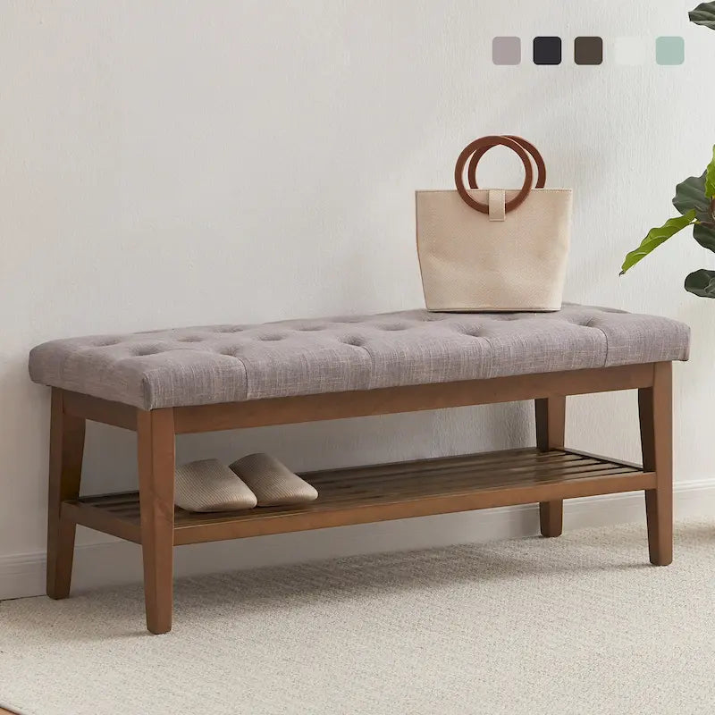 Banc à chaussures d'entrée, Banc de rangement en tissu et bois massif, Banc rembourré de 109 cm pour salon, chambres