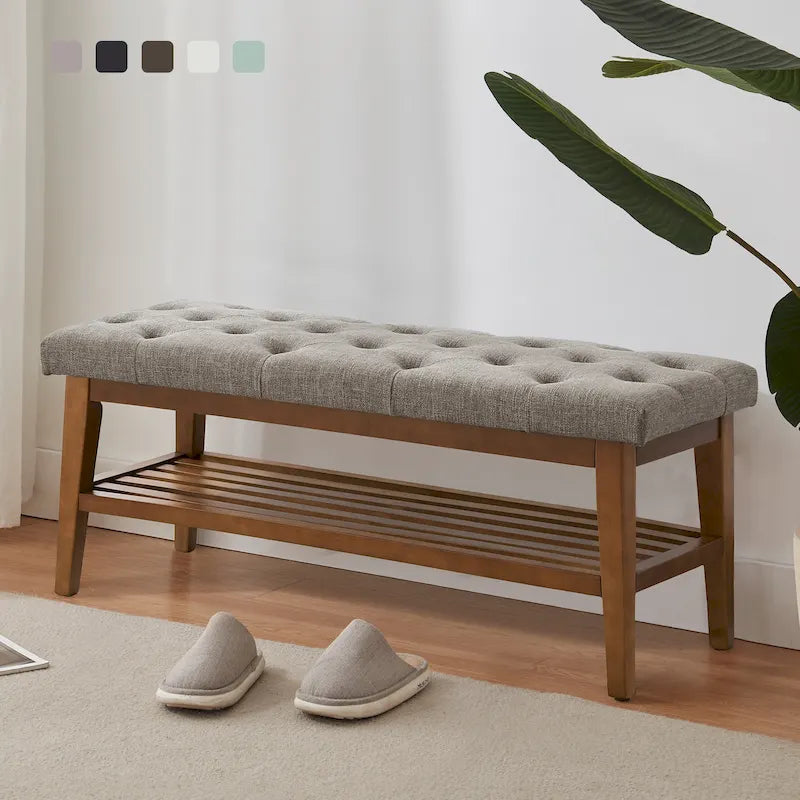 Banc à chaussures d'entrée, Banc de rangement en tissu et bois massif, Banc rembourré de 109 cm pour salon, chambres