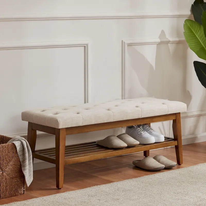 Banc à chaussures d'entrée, Banc de rangement en tissu et bois massif, Banc rembourré de 109 cm pour salon, chambres