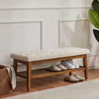 Banc à chaussures d'entrée, Banc de rangement en tissu et bois massif, Banc rembourré de 109 cm pour salon, chambres