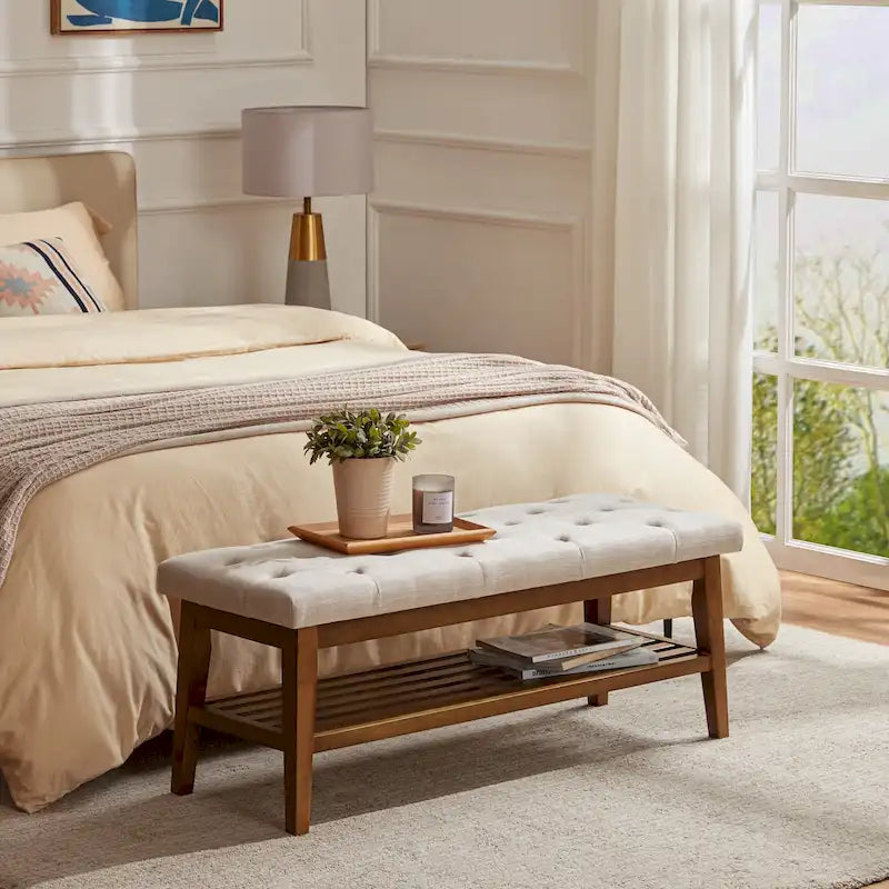 Banc à chaussures d'entrée, Banc de rangement en tissu et bois massif, Banc rembourré de 109 cm pour salon, chambres