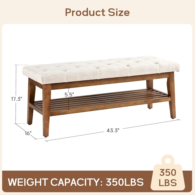 Banc à chaussures d'entrée, Banc de rangement en tissu et bois massif, Banc rembourré de 109 cm pour salon, chambres