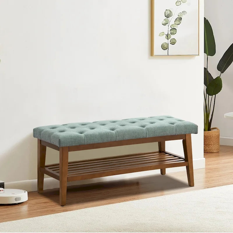Banc à chaussures d'entrée, Banc de rangement en tissu et bois massif, Banc rembourré de 109 cm pour salon, chambres