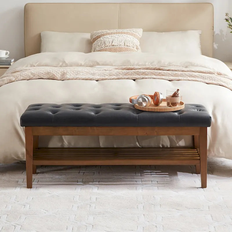 Banc à chaussures d'entrée, Banc de rangement en tissu et bois massif, Banc rembourré de 109 cm pour salon, chambres