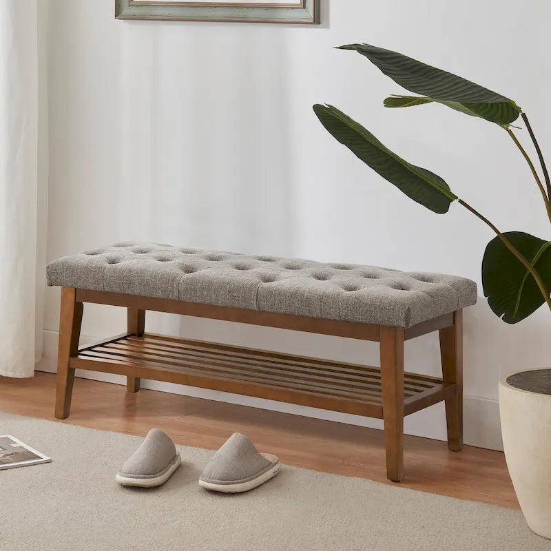Banc à chaussures d'entrée, Banc de rangement en tissu et bois massif, Banc rembourré de 109 cm pour salon, chambres