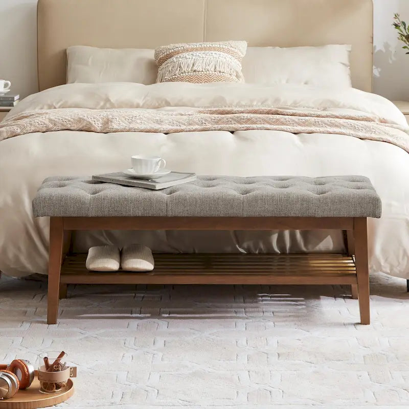 Banc à chaussures d'entrée, Banc de rangement en tissu et bois massif, Banc rembourré de 109 cm pour salon, chambres