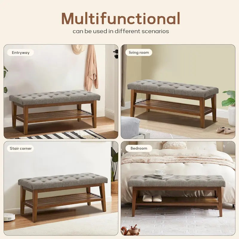 Banc à chaussures d'entrée, Banc de rangement en tissu et bois massif, Banc rembourré de 109 cm pour salon, chambres