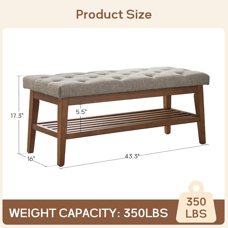 Banc à chaussures d'entrée, Banc de rangement en tissu et bois massif, Banc rembourré de 109 cm pour salon, chambres