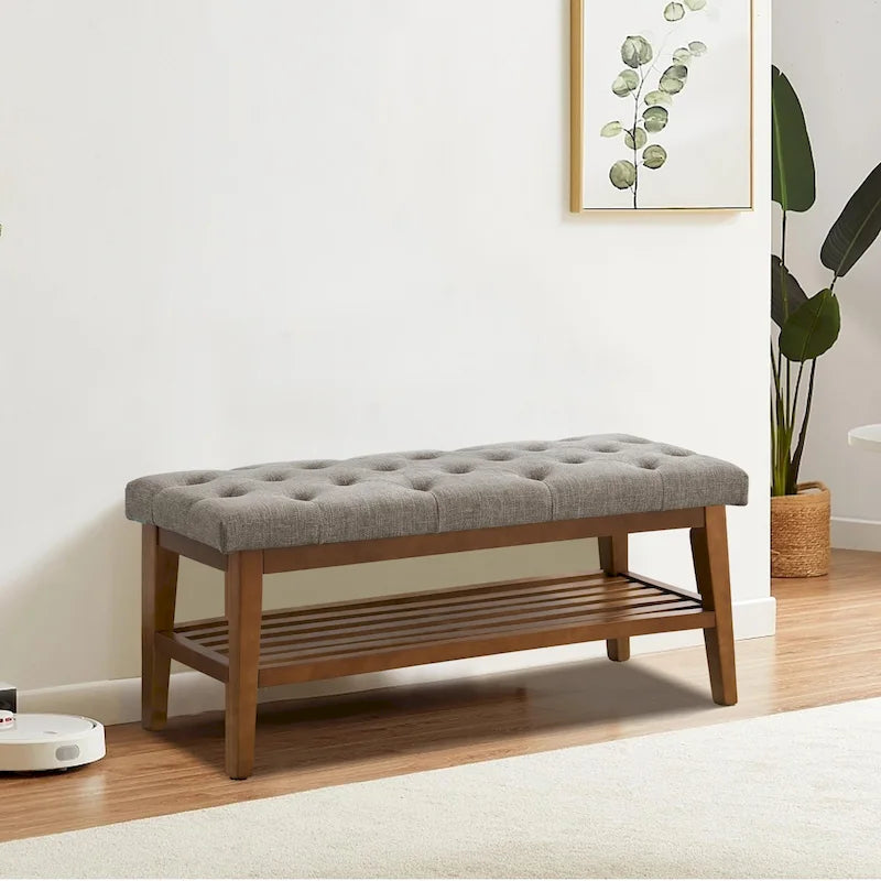 Banc à chaussures d'entrée, Banc de rangement en tissu et bois massif, Banc rembourré de 109 cm pour salon, chambres