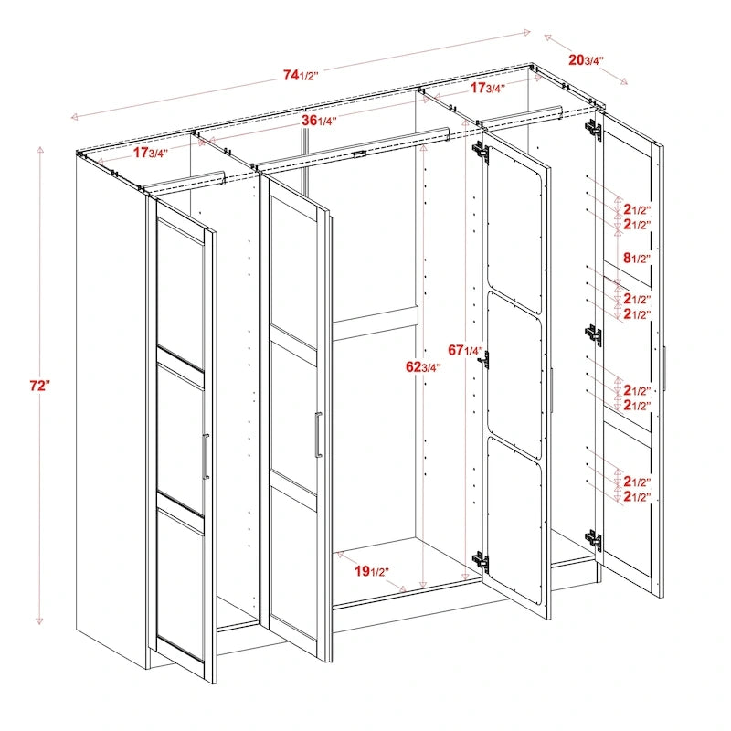 Armoire 4 portes en bois massif avec portes en bois massif ou portes miroir