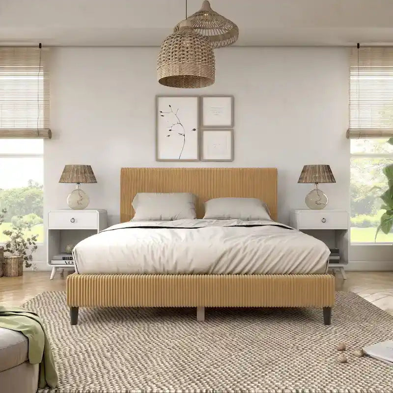 Lit plateforme moderne en velours côtelé Queen, aucun sommier tapissier requis