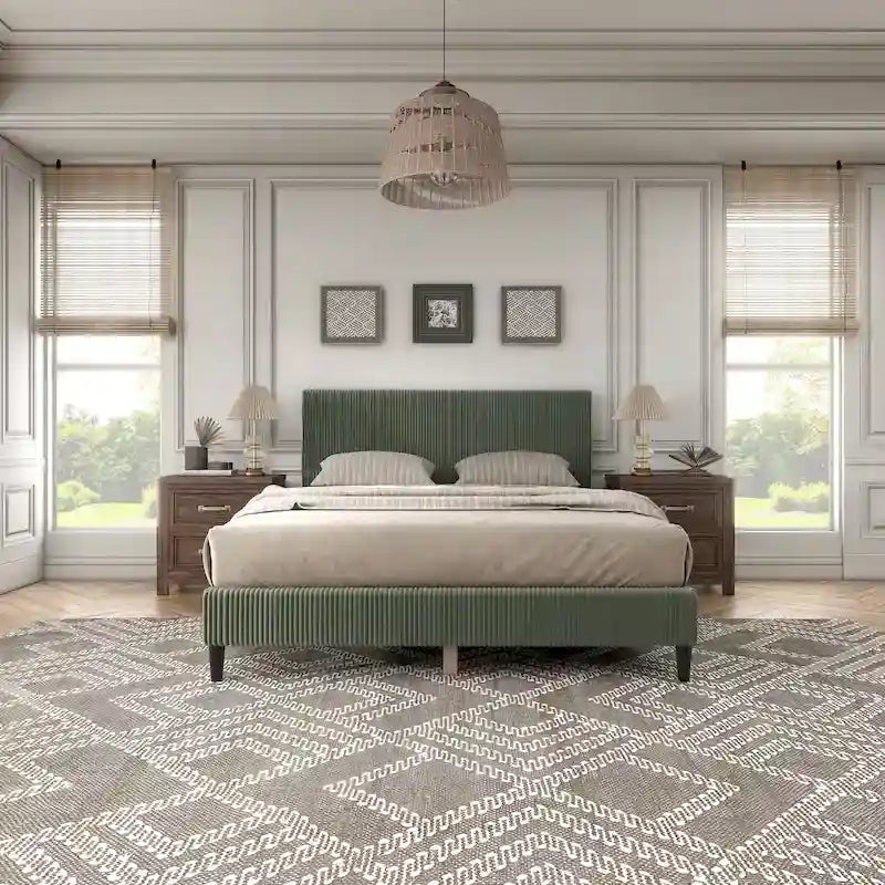 Lit plateforme moderne en velours côtelé Queen, aucun sommier tapissier requis