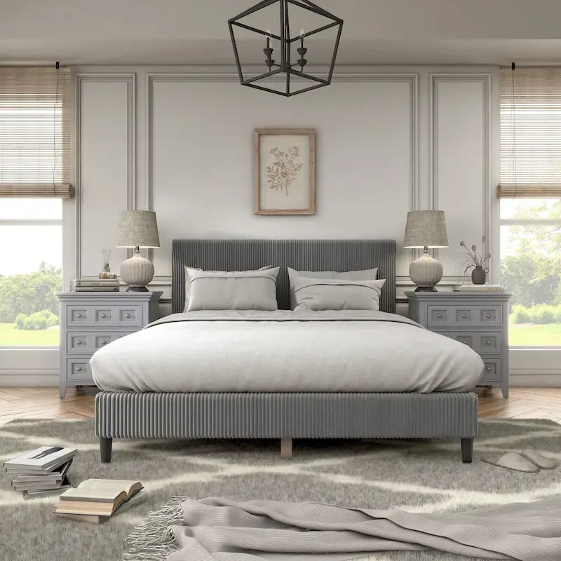 Lit plateforme moderne en velours côtelé Queen, aucun sommier tapissier requis