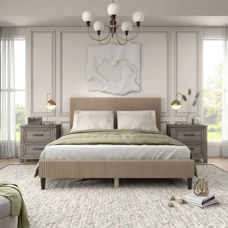 Lit plateforme moderne en velours côtelé Queen, aucun sommier tapissier requis