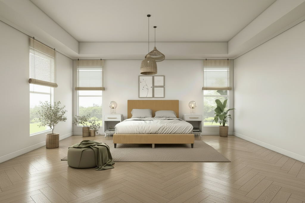 Furniture of America Modern Corduroy Queen Size Platform Bed, No Box Spring Needed