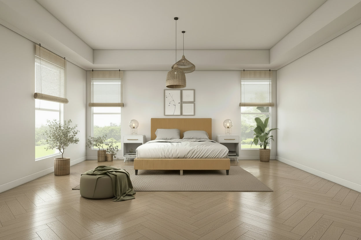Furniture of America Modern Corduroy Queen Size Platform Bed, No Box Spring Needed