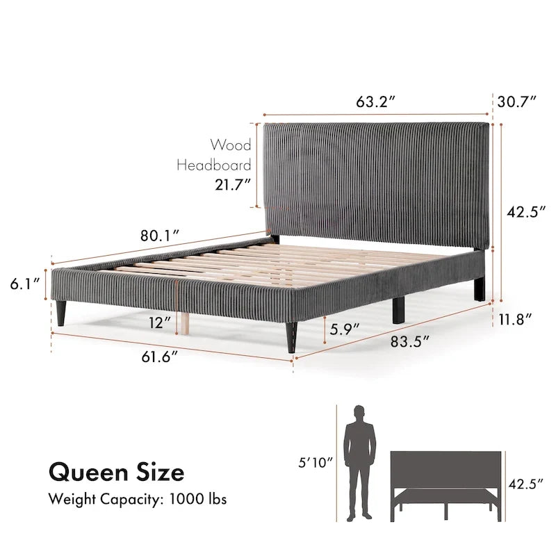 Lit plateforme moderne en velours côtelé Queen, aucun sommier tapissier requis