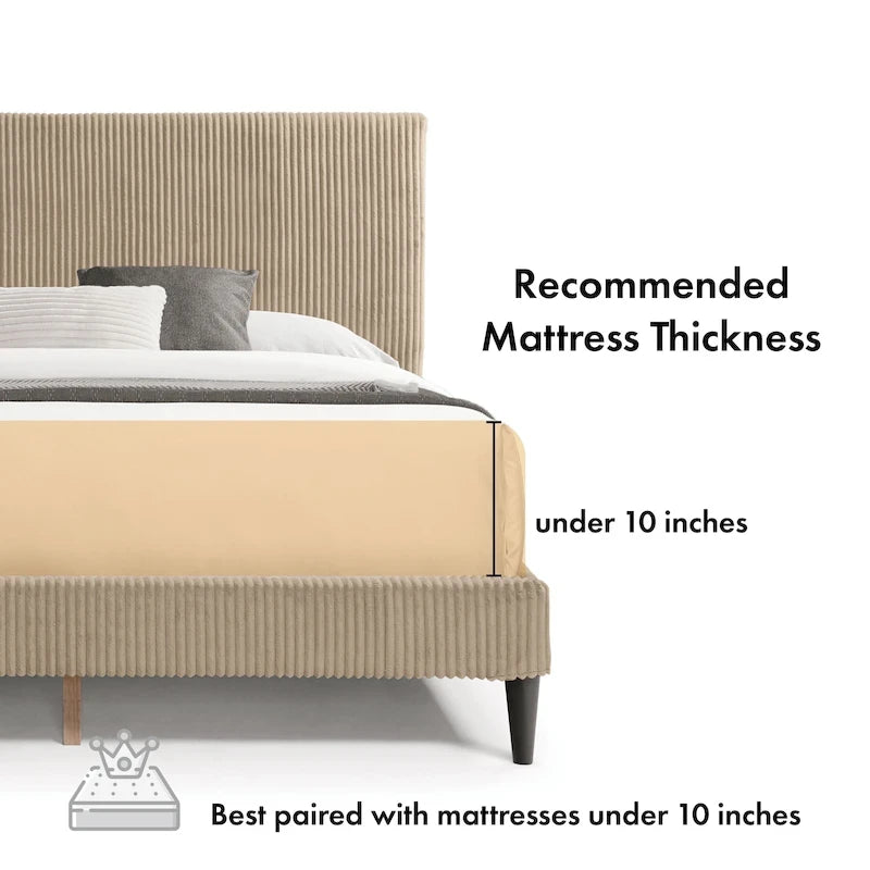 Lit plateforme moderne en velours côtelé Queen, aucun sommier tapissier requis