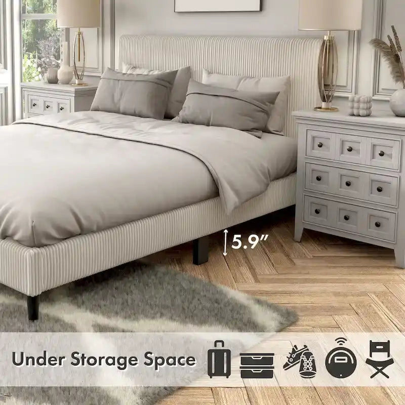 Lit plateforme moderne en velours côtelé Queen, aucun sommier tapissier requis
