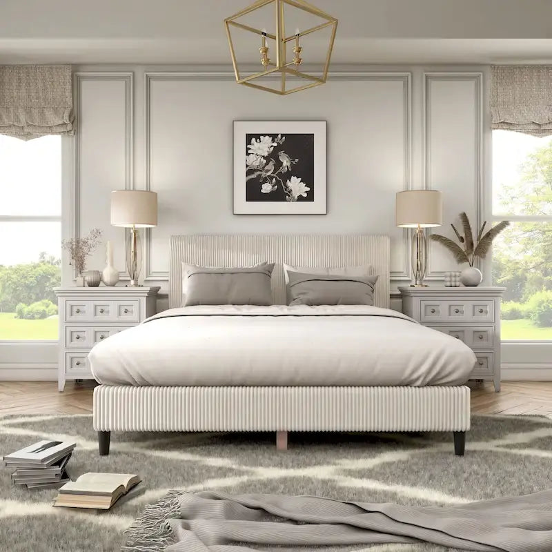 Lit plateforme moderne en velours côtelé Queen, aucun sommier tapissier requis