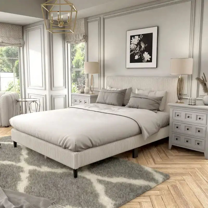 Lit plateforme moderne en velours côtelé Queen, aucun sommier tapissier requis