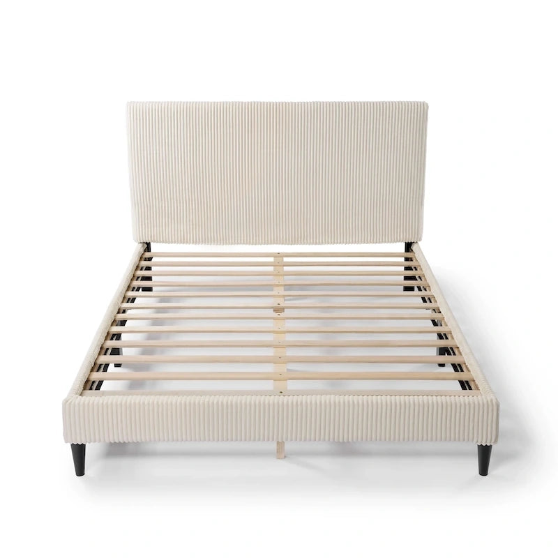 Lit plateforme moderne en velours côtelé Queen, aucun sommier tapissier requis