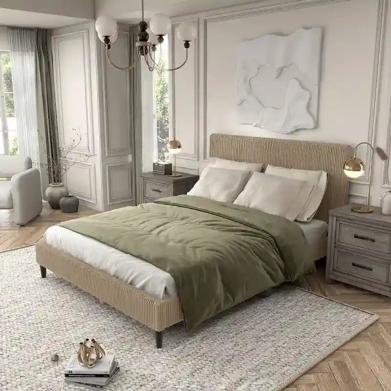 Lit plateforme moderne en velours côtelé Queen, aucun sommier tapissier requis
