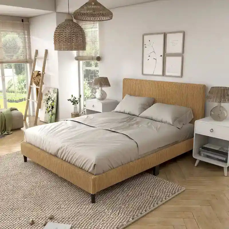 Lit plateforme moderne en velours côtelé Queen, aucun sommier tapissier requis