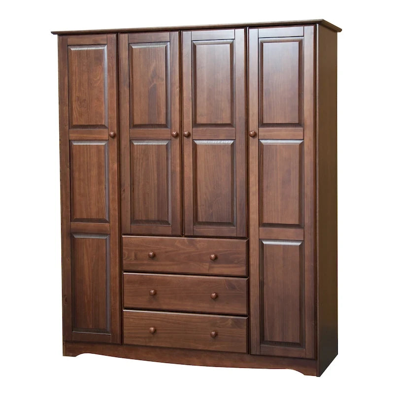 Armoire 4 portes familiale 100 % en bois massif avec poignées en métal ou en bois