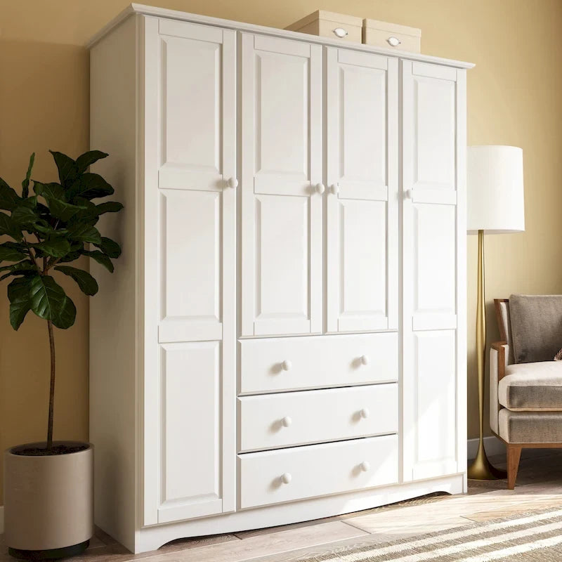 Armoire 4 portes familiale 100 % en bois massif avec poignées en métal ou en bois