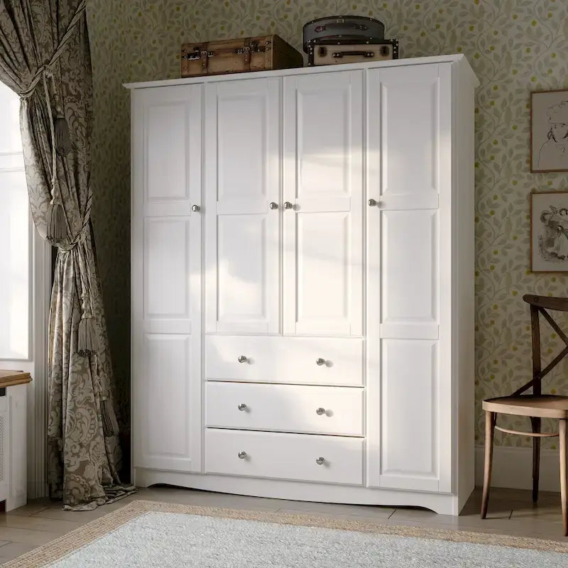 Armoire 4 portes familiale 100 % en bois massif avec poignées en métal ou en bois
