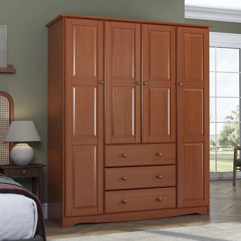 Armoire 4 portes familiale 100 % en bois massif avec poignées en métal ou en bois