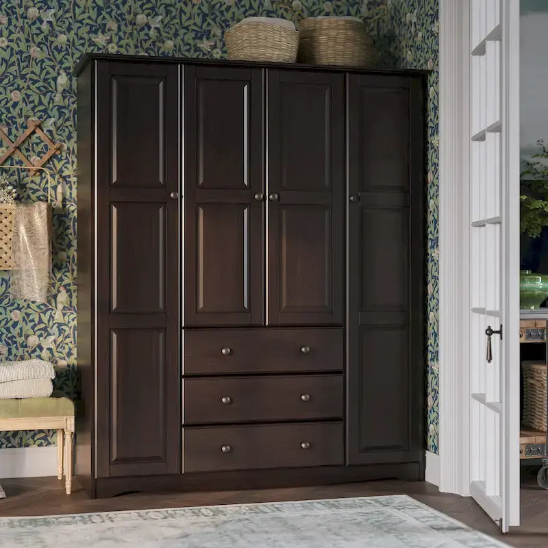 Armoire 4 portes familiale 100 % en bois massif avec poignées en métal ou en bois