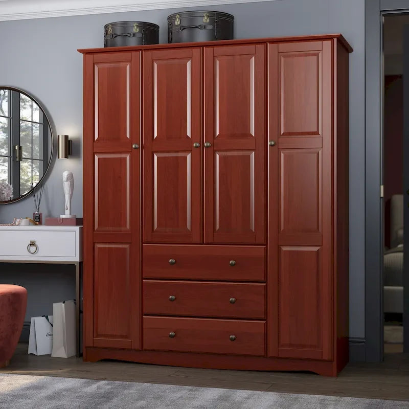 Armoire 4 portes familiale 100 % en bois massif avec poignées en métal ou en bois
