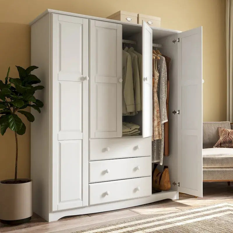 Armoire 4 portes familiale 100 % en bois massif avec poignées en métal ou en bois