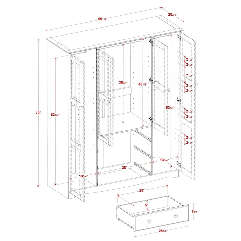 Armoire 4 portes familiale 100 % en bois massif avec poignées en métal ou en bois