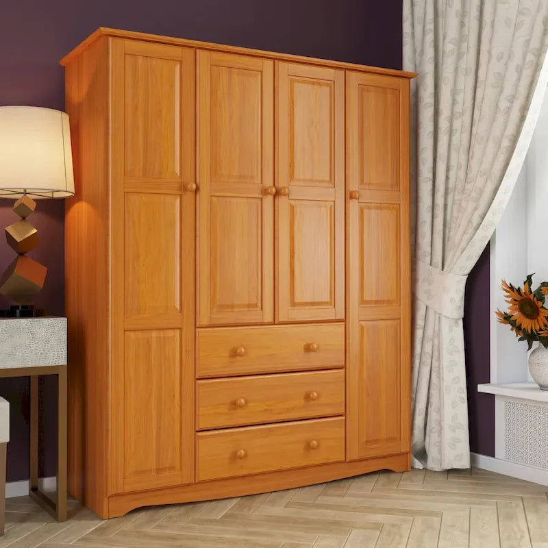 Armoire 4 portes familiale 100 % en bois massif avec poignées en métal ou en bois