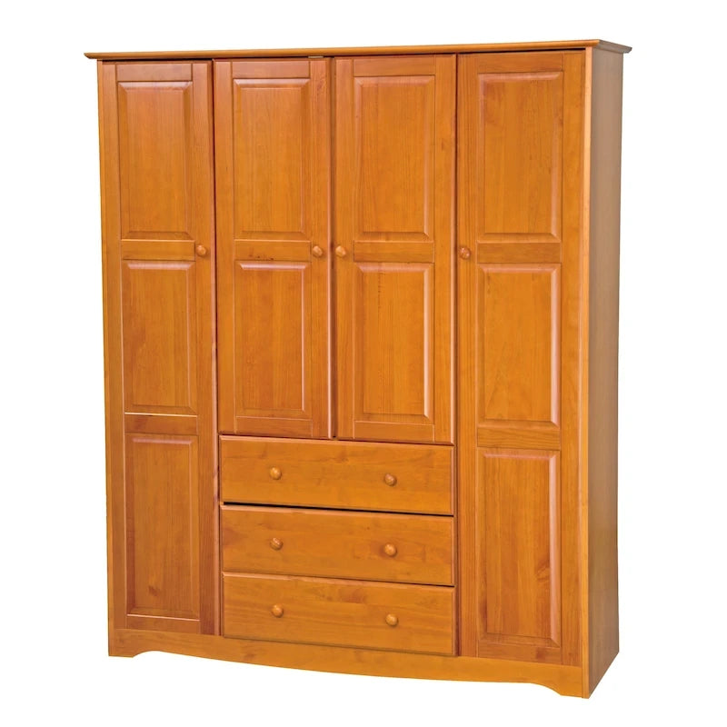 Armoire 4 portes familiale 100 % en bois massif avec poignées en métal ou en bois