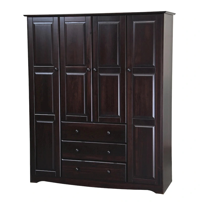 Armoire 4 portes familiale 100 % en bois massif avec poignées en métal ou en bois