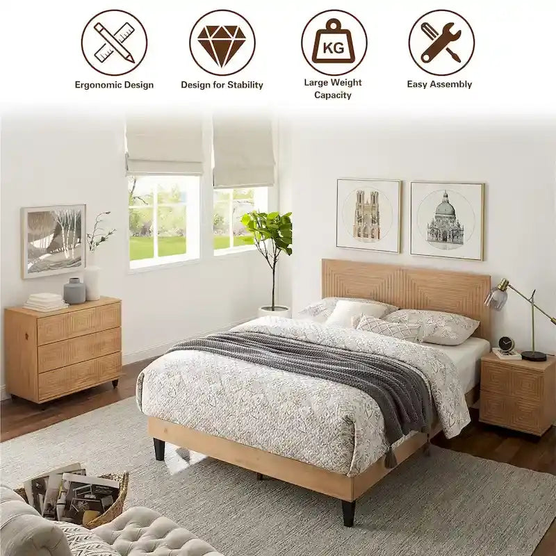 Lit plateforme en bois massif Mid-Century Modern, Cadre de lit avec tête de lit réglable en hauteur, Pas besoin de sommier tapissier