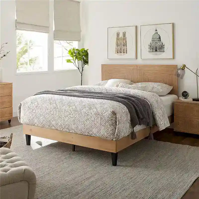 Lit plateforme en bois massif Mid-Century Modern, Cadre de lit avec tête de lit réglable en hauteur, Pas besoin de sommier tapissier