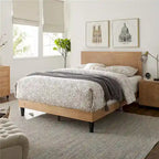 Lit plateforme en bois massif Mid-Century Modern, Cadre de lit avec tête de lit réglable en hauteur, Pas besoin de sommier tapissier
