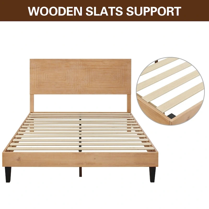 Lit plateforme en bois massif Mid-Century Modern, Cadre de lit avec tête de lit réglable en hauteur, Pas besoin de sommier tapissier