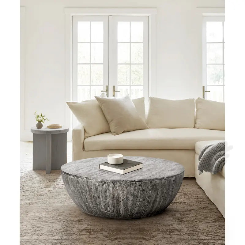 Table basse ronde en bois de manguier de 35,5 pouces avec grains subtils