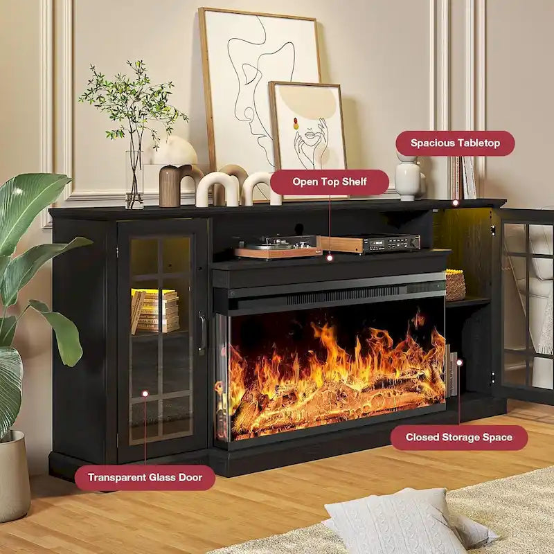 Meuble TV cheminée en verre à 3 faces de 36 pouces pour téléviseurs jusqu'à 80 pouces