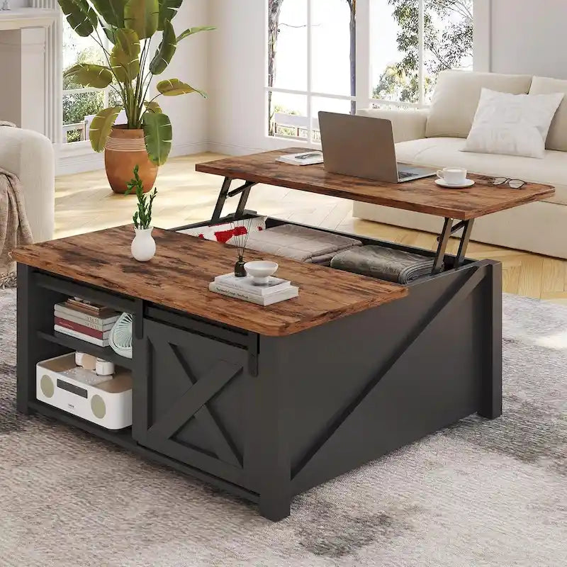 Table basse relevable carrée avec étagère de rangement et porte coulissante style grange