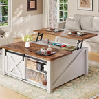 Table basse relevable carrée avec étagère de rangement et porte coulissante style grange