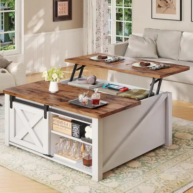 Table basse relevable carrée avec étagère de rangement et porte coulissante style grange